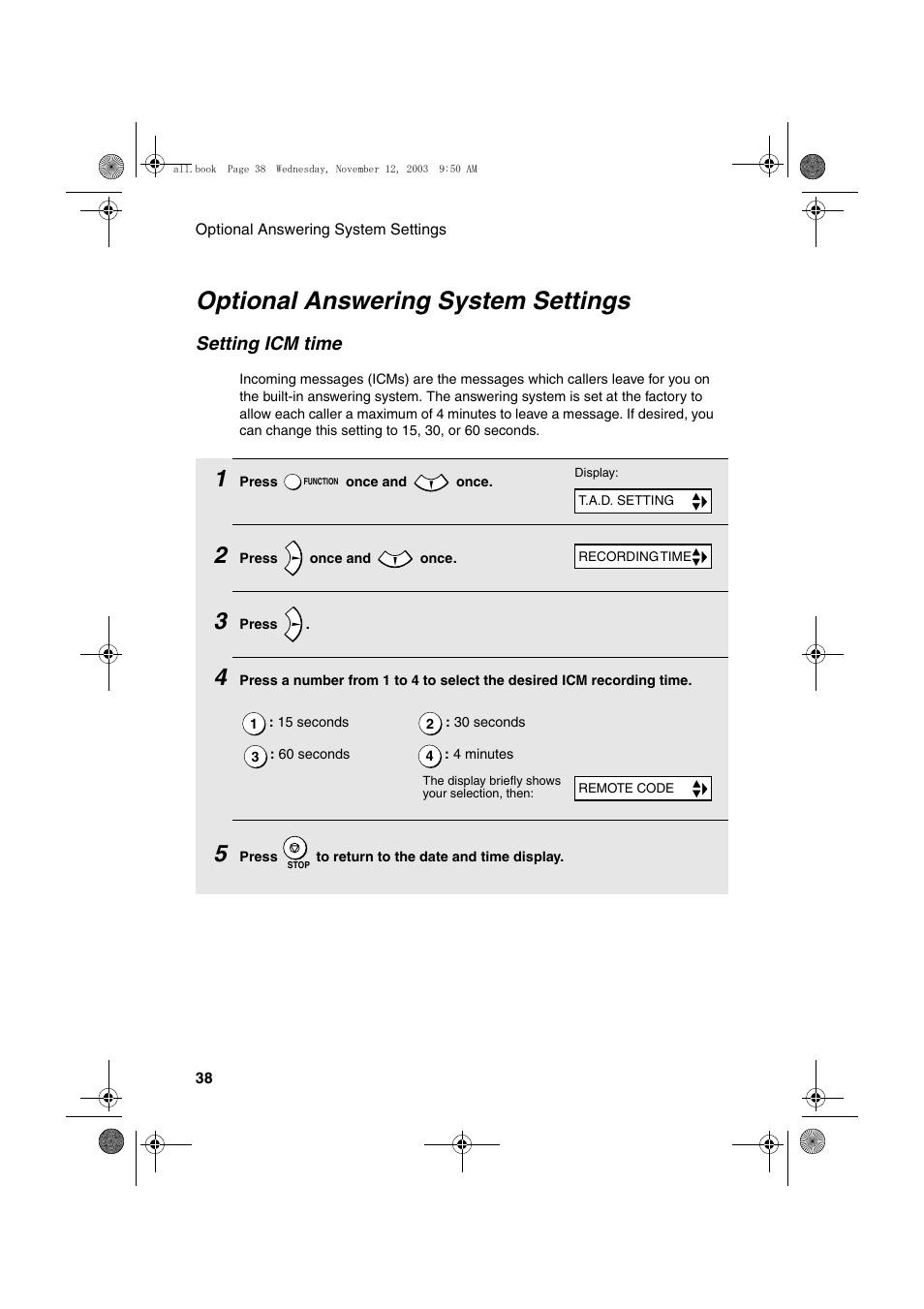 Optional answering system settings, Setting icm time | Sharp UX-A1000 User Manual | Page 40 / 136