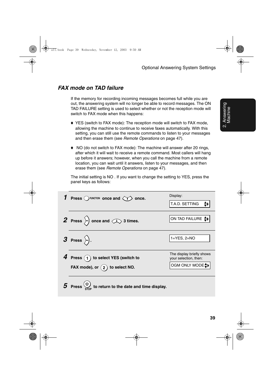 Fax mode on tad failure | Sharp UX-A1000 User Manual | Page 41 / 136