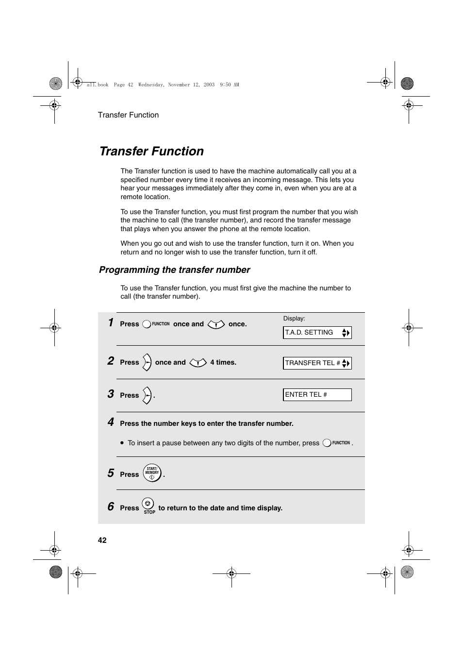 Transfer function, Programming the transfer number | Sharp UX-A1000 User Manual | Page 44 / 136