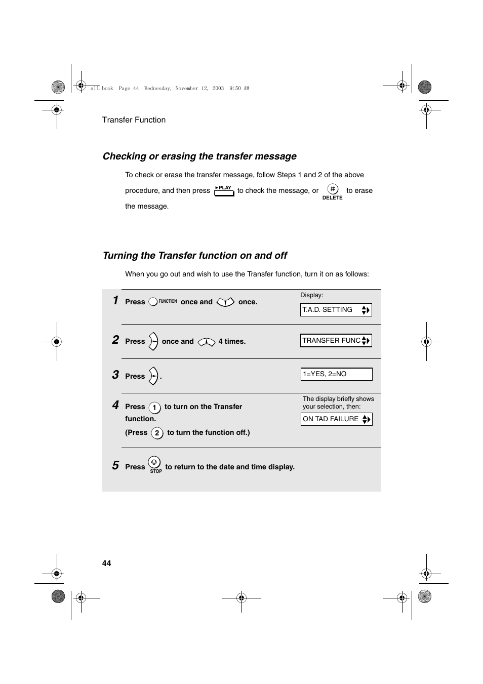 Checking or erasing the transfer message, Turning the transfer function on and off | Sharp UX-A1000 User Manual | Page 46 / 136