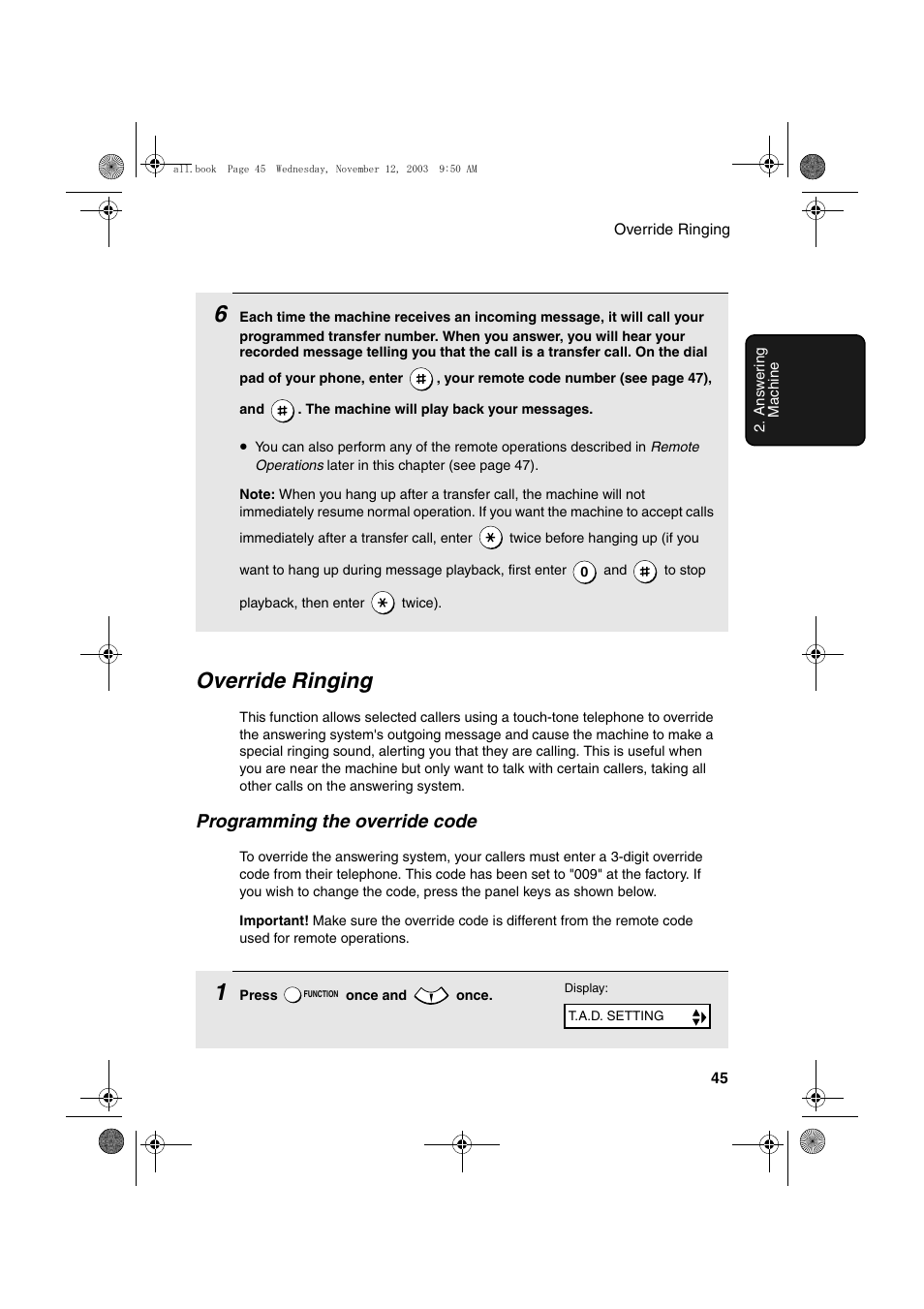 Override ringing, Programming the override code | Sharp UX-A1000 User Manual | Page 47 / 136