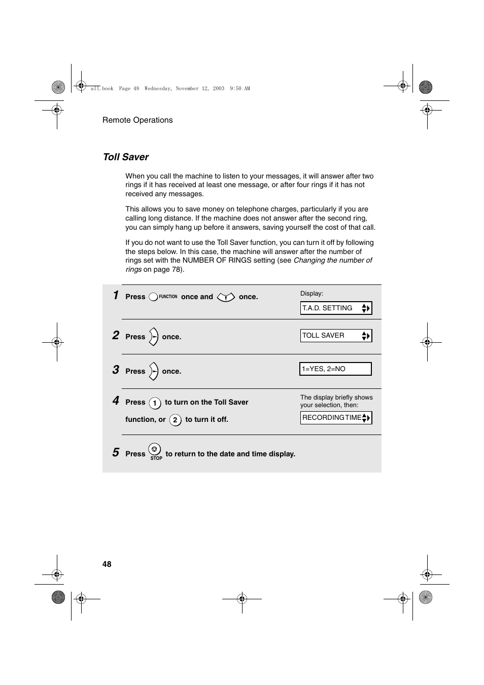 Toll saver | Sharp UX-A1000 User Manual | Page 50 / 136