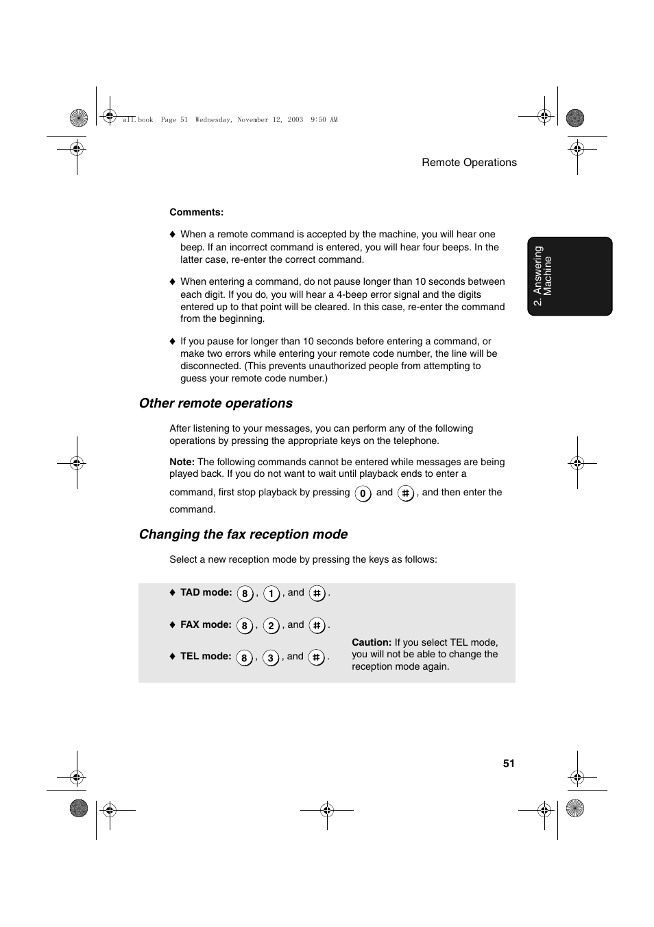 Other remote operations, Changing the fax reception mode | Sharp UX-A1000 User Manual | Page 53 / 136