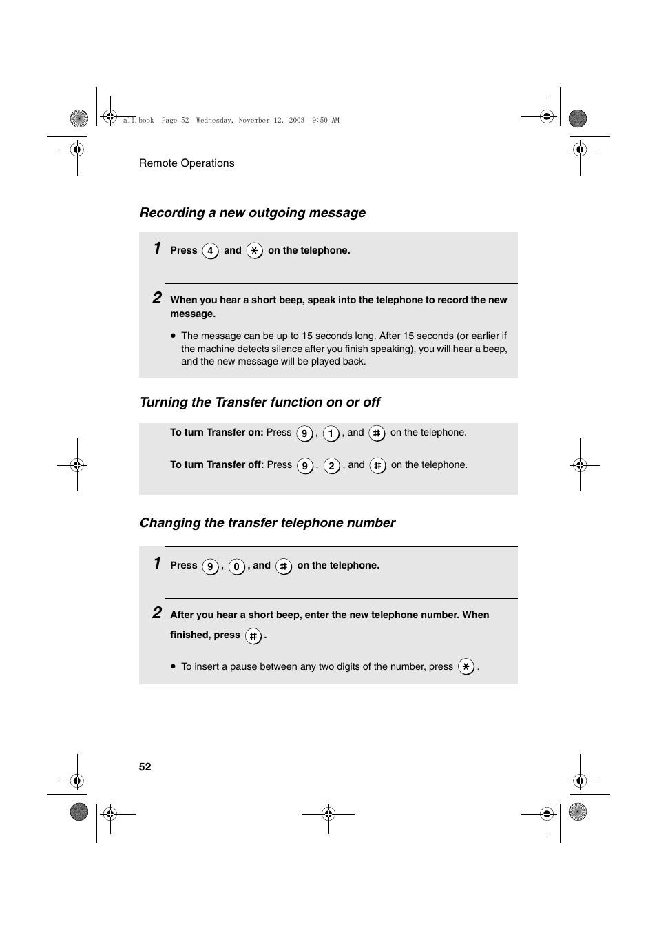 Recording a new outgoing message, Turning the transfer function on or off, Changing the transfer telephone number | Sharp UX-A1000 User Manual | Page 54 / 136