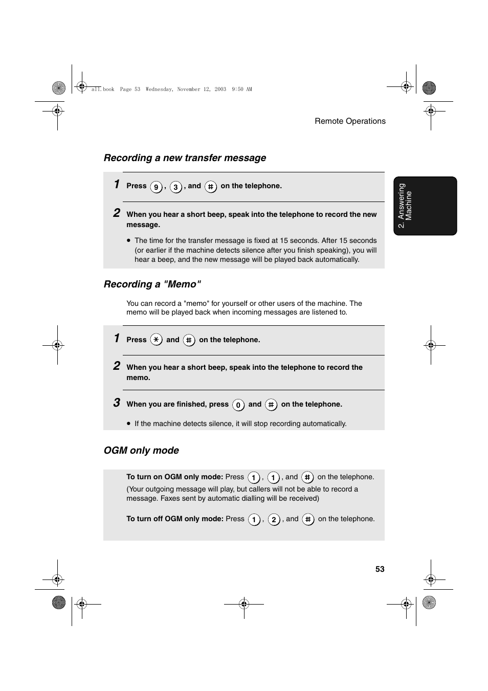 Recording a new transfer message, Ogm only mode | Sharp UX-A1000 User Manual | Page 55 / 136