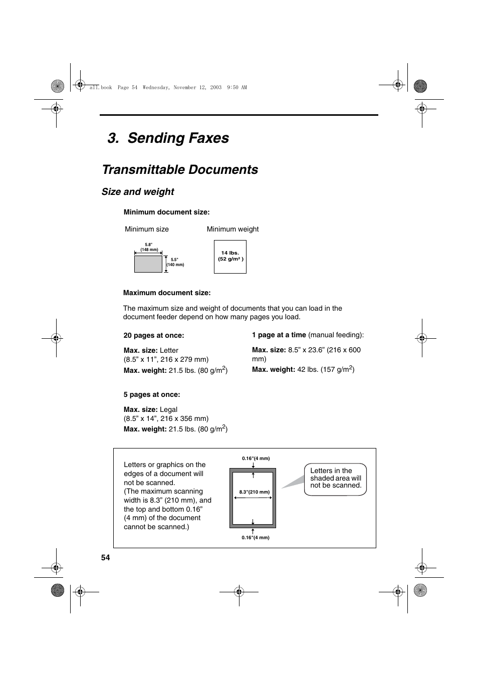 Sending faxes, Transmittable documents, Size and weight | Sharp UX-A1000 User Manual | Page 56 / 136