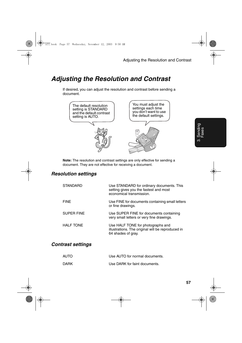 Adjusting the resolution and contrast, Resolution settings contrast settings | Sharp UX-A1000 User Manual | Page 59 / 136