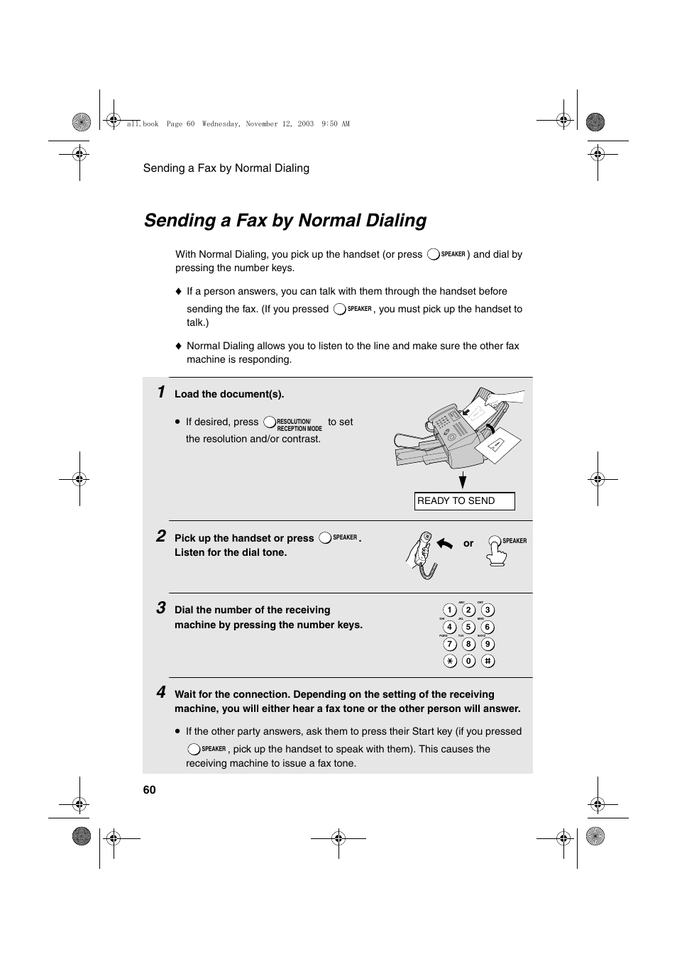 Sending a fax by normal dialing | Sharp UX-A1000 User Manual | Page 62 / 136