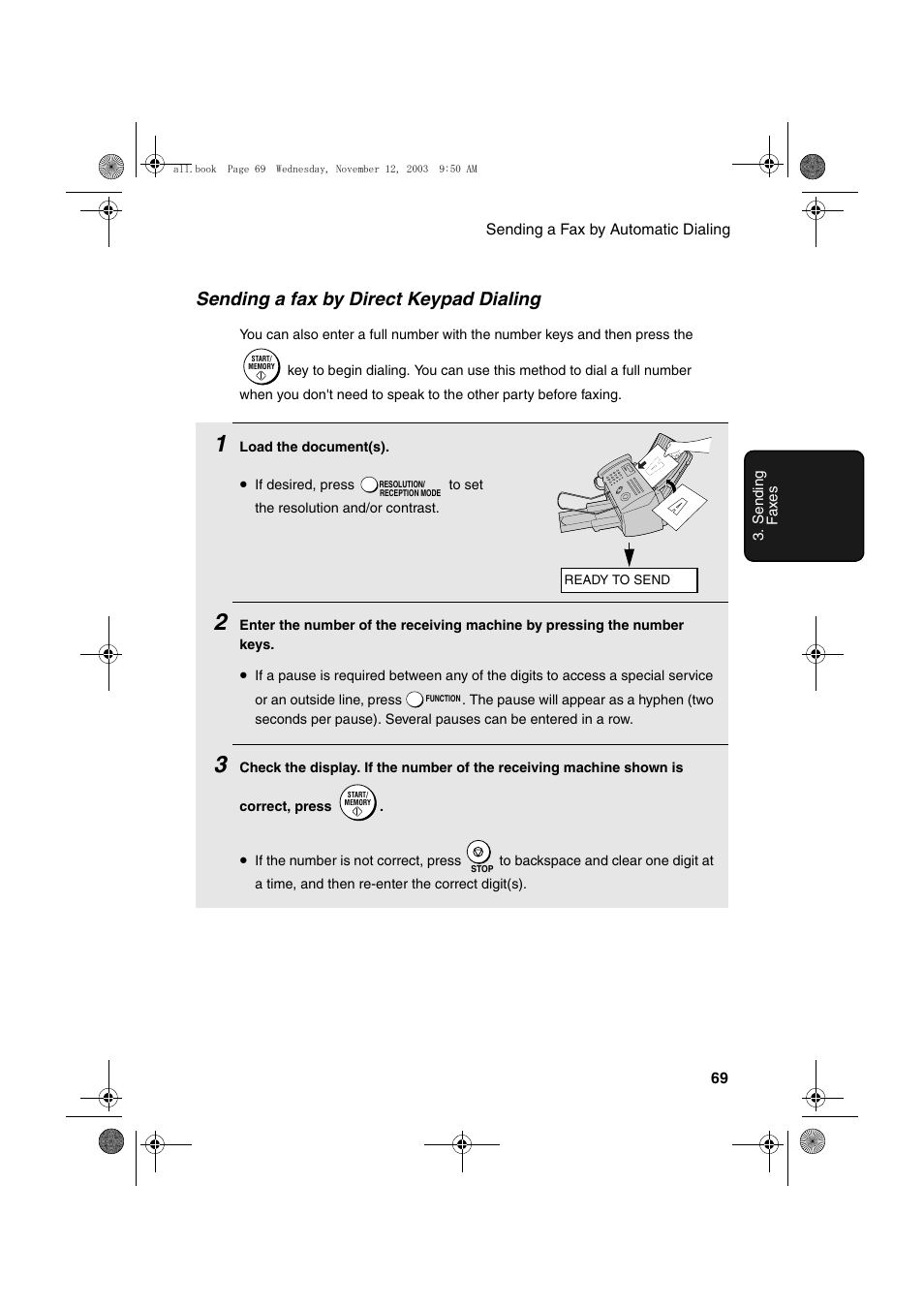 Sending a fax by direct keypad dialing | Sharp UX-A1000 User Manual | Page 71 / 136