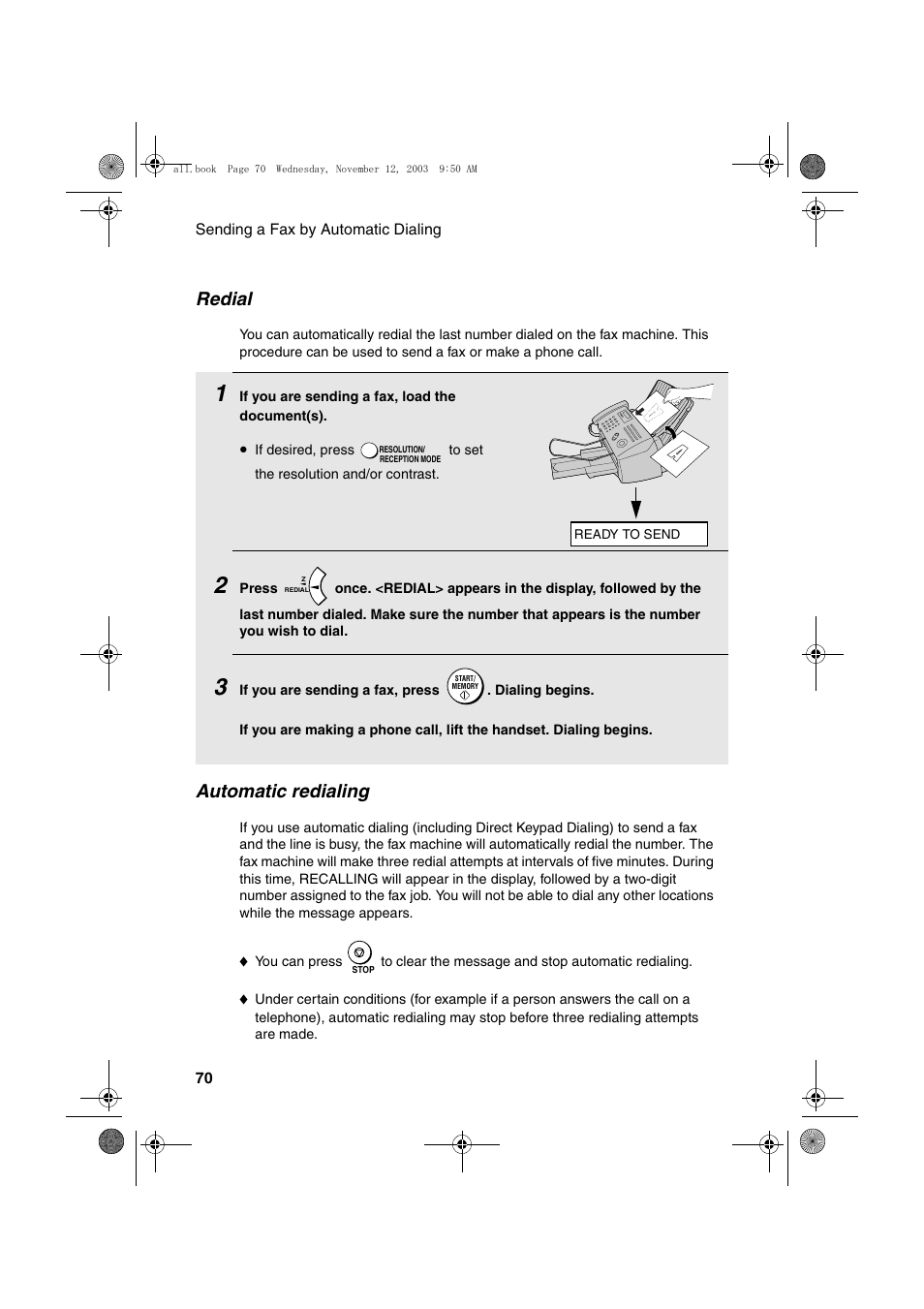 Redial, Automatic redialing | Sharp UX-A1000 User Manual | Page 72 / 136