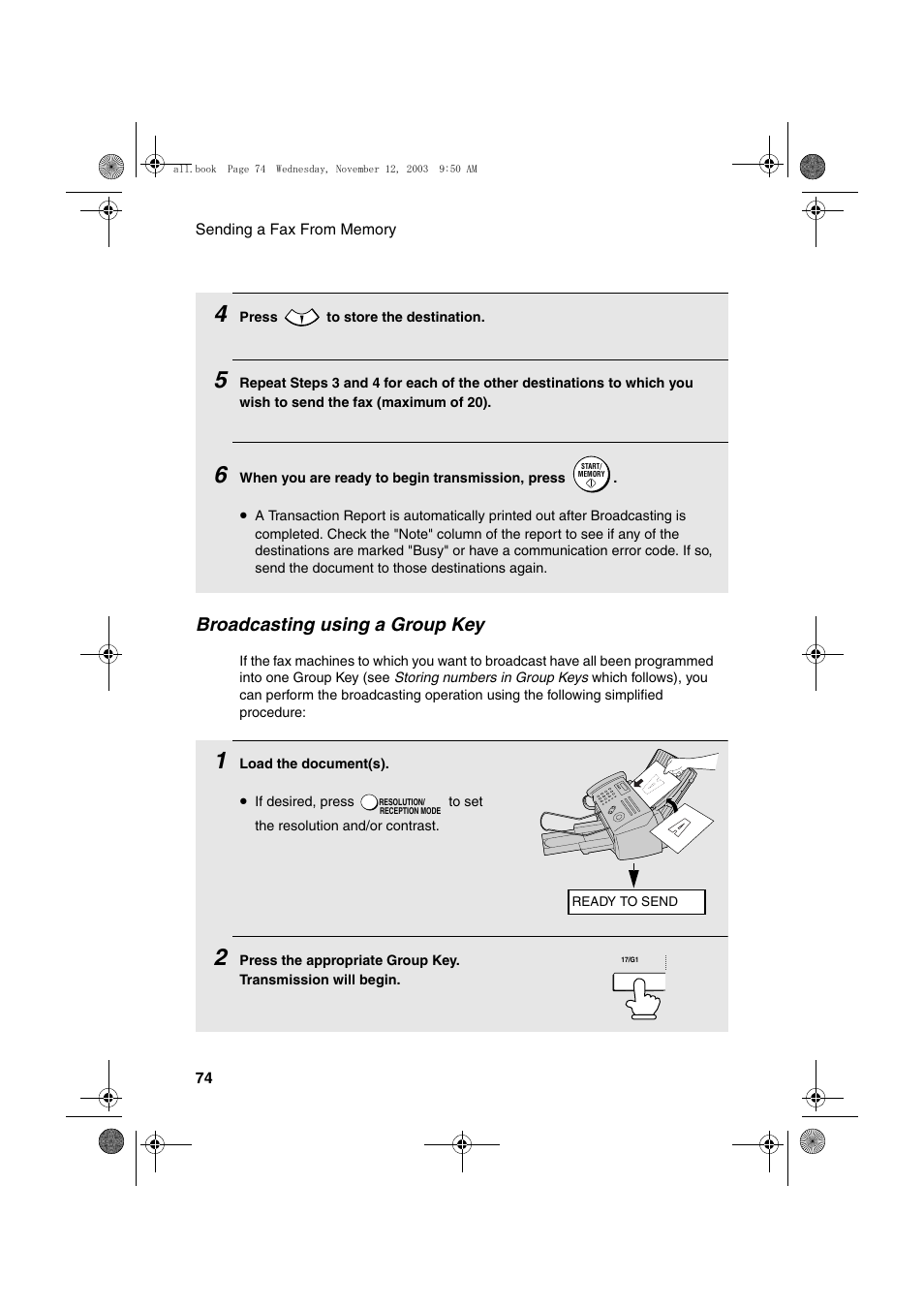 Broadcasting using a group key | Sharp UX-A1000 User Manual | Page 76 / 136