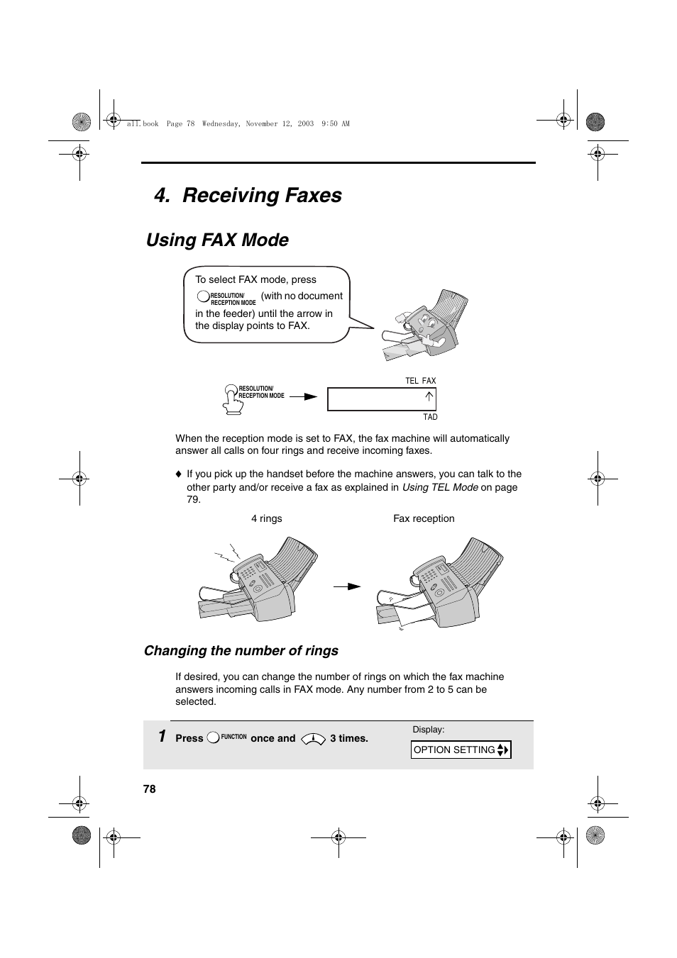 Receiving faxes, Using fax mode, Changing the number of rings | Sharp UX-A1000 User Manual | Page 80 / 136