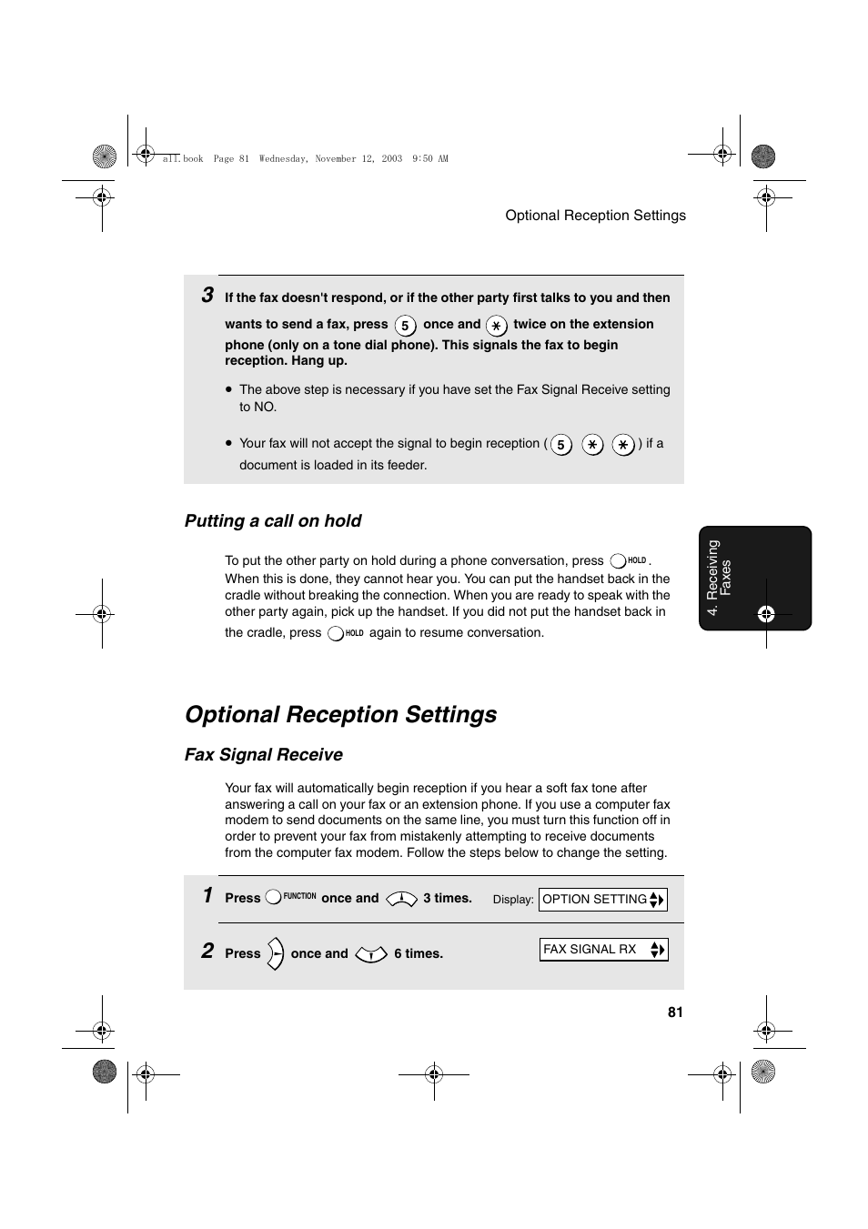 Optional reception settings, Fax signal receive, Putting a call on hold | Sharp UX-A1000 User Manual | Page 83 / 136