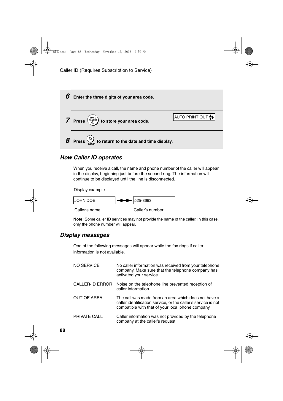 How caller id operates, Display messages | Sharp UX-A1000 User Manual | Page 90 / 136