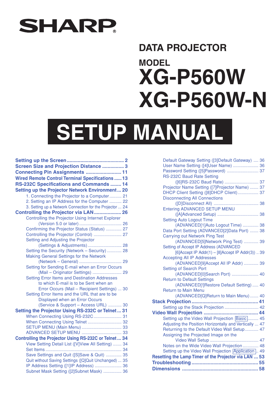Sharp XG-P560W-N User Manual | 59 pages