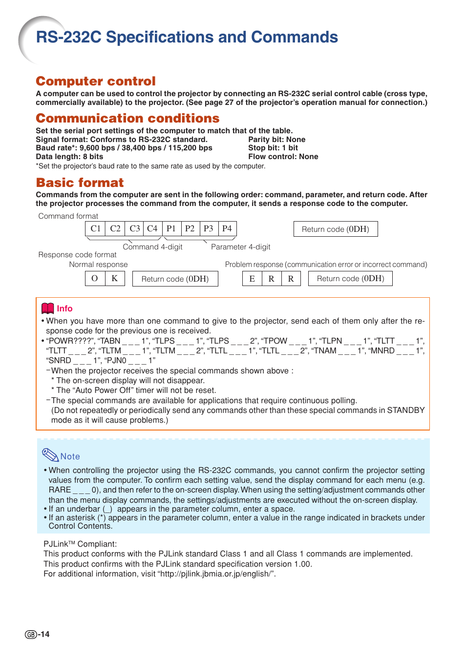 Rs-232c specifications and commands, Computer control, Communication conditions | Basic format | Sharp XG-P560W-N User Manual | Page 14 / 59