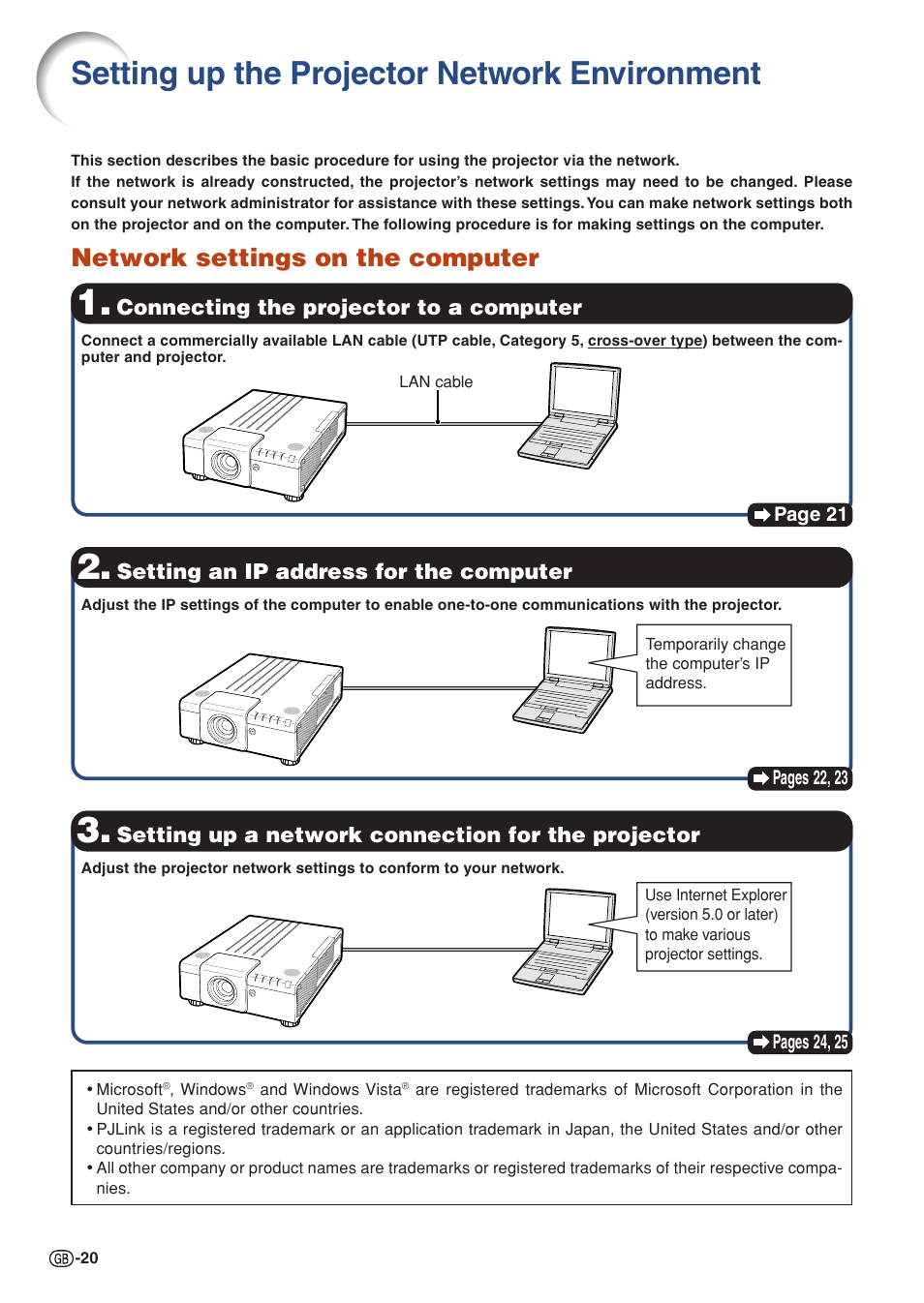 Setting up the projector network environment, Network settings on the computer | Sharp XG-P560W-N User Manual | Page 20 / 59