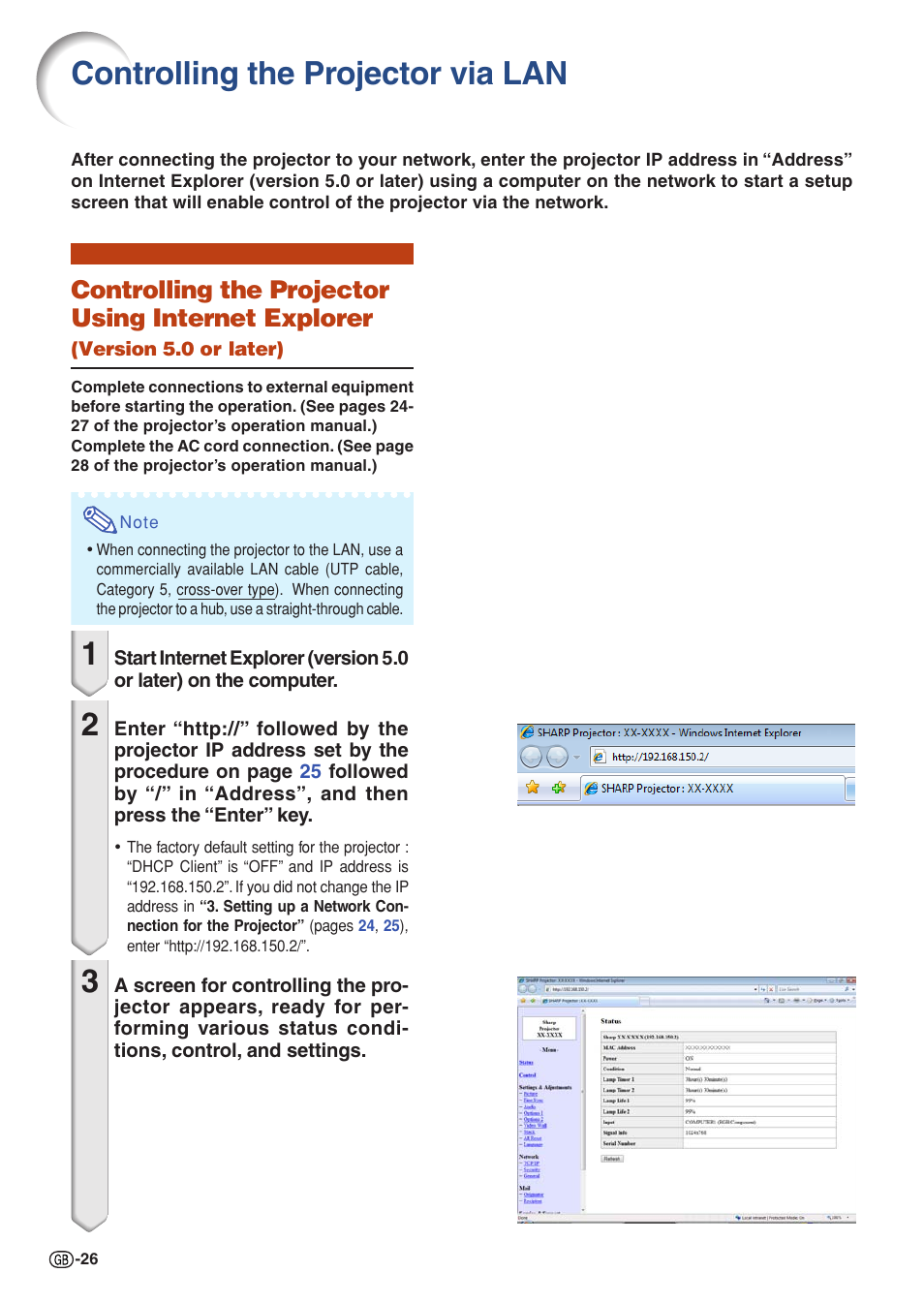 Controlling the projector via lan, Controlling the projector using internet explorer | Sharp XG-P560W-N User Manual | Page 26 / 59