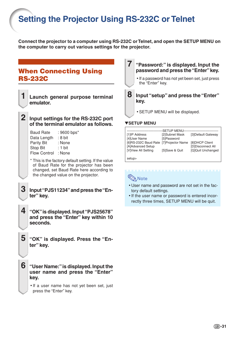 Setting the projector using rs-232c or telnet, When connecting using rs-232c | Sharp XG-P560W-N User Manual | Page 31 / 59