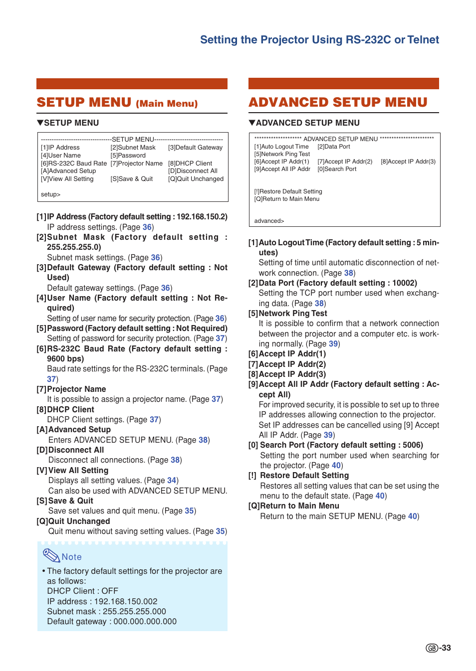 Setup menu, Advanced setup menu, Setting the projector using rs-232c or telnet | Sharp XG-P560W-N User Manual | Page 33 / 59
