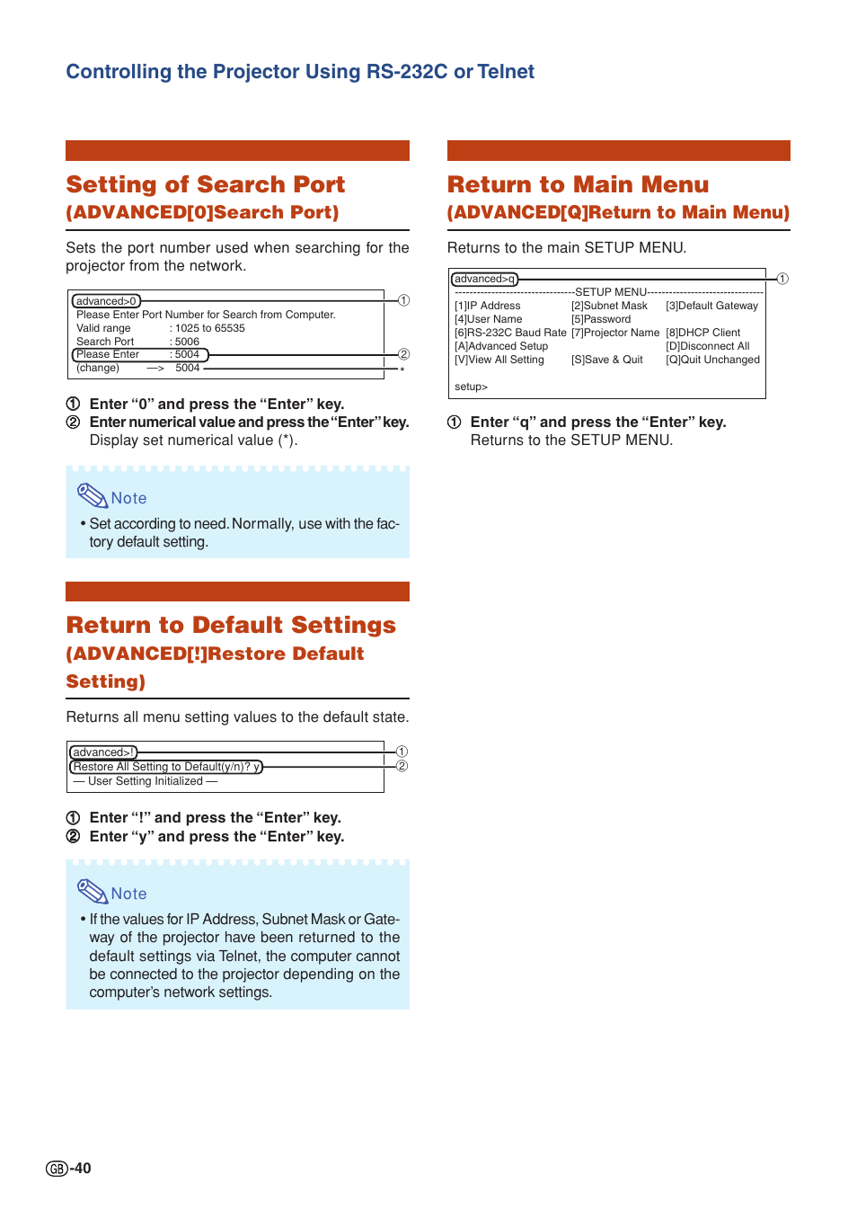 Setting of search port, Return to default settings, Return to main menu | Controlling the projector using rs-232c or telnet, Advanced[0]search port), Advanced[!]restore default setting), Advanced[q]return to main menu) | Sharp XG-P560W-N User Manual | Page 40 / 59