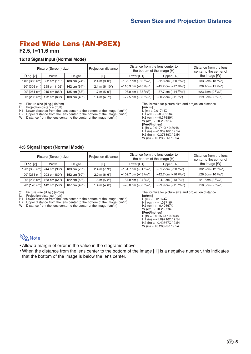 Fixed wide lens (an-p8ex), Screen size and projection distance, 10 signal input (normal mode) | 3 signal input (normal mode) | Sharp XG-P560W-N User Manual | Page 5 / 59