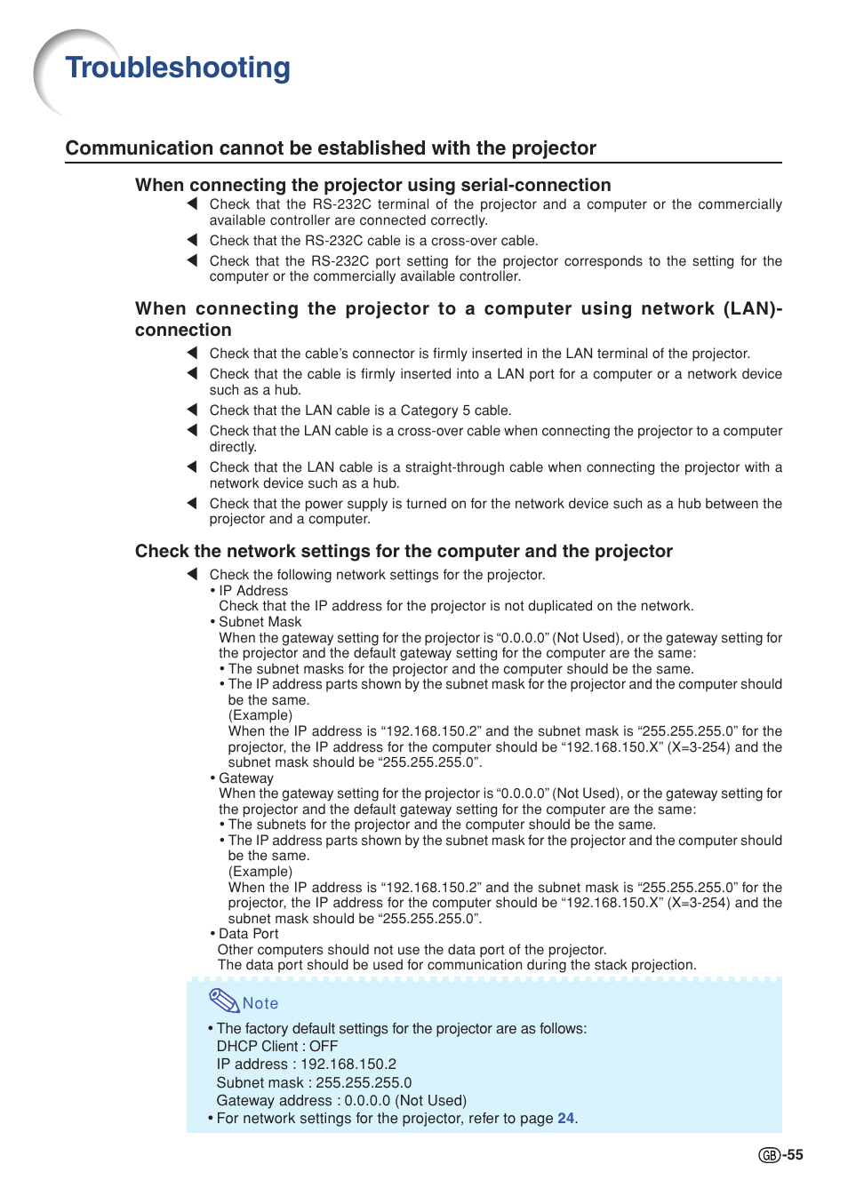 Troubleshooting | Sharp XG-P560W-N User Manual | Page 55 / 59