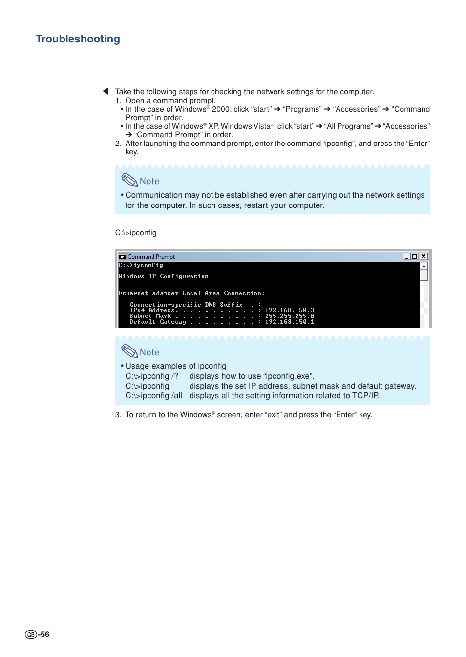 Troubleshooting | Sharp XG-P560W-N User Manual | Page 56 / 59