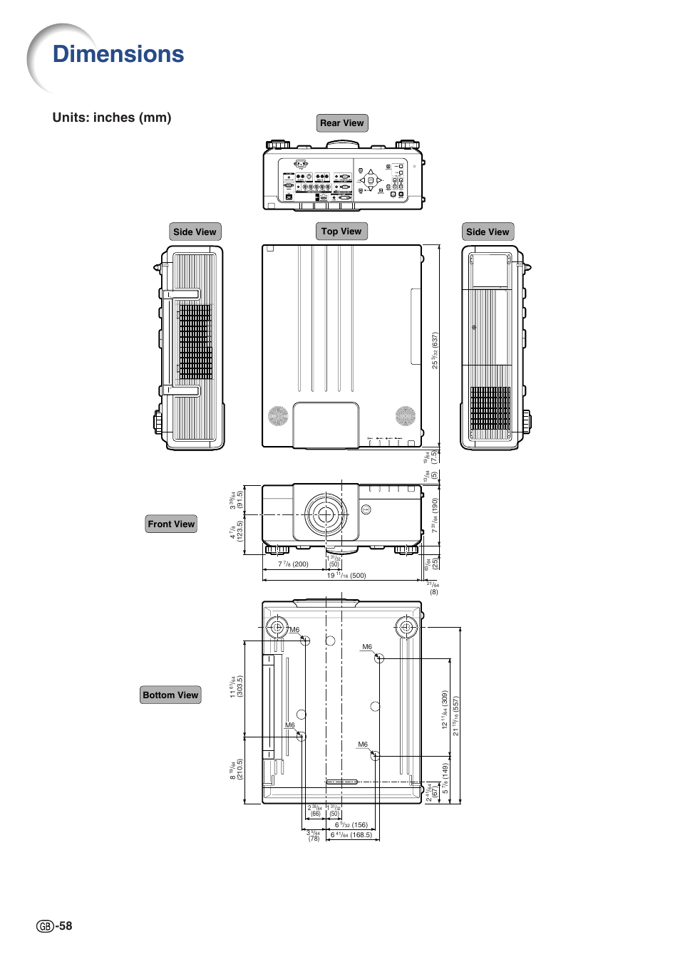 Dimensions, Units: inches (mm), Side view | Sharp XG-P560W-N User Manual | Page 58 / 59