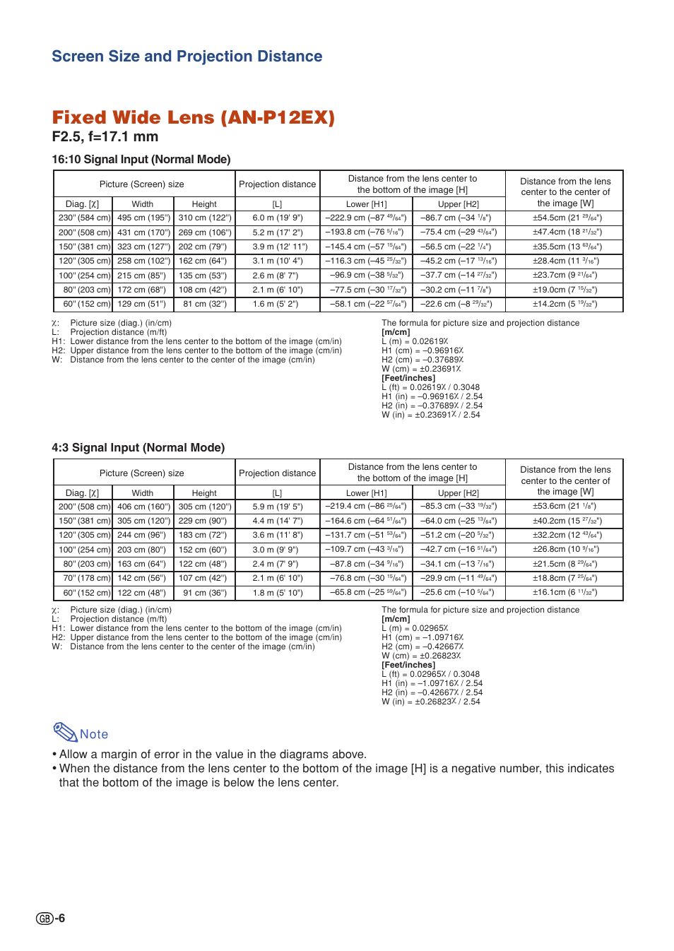 Fixed wide lens (an-p12ex), Screen size and projection distance, 10 signal input (normal mode) | 3 signal input (normal mode) | Sharp XG-P560W-N User Manual | Page 6 / 59