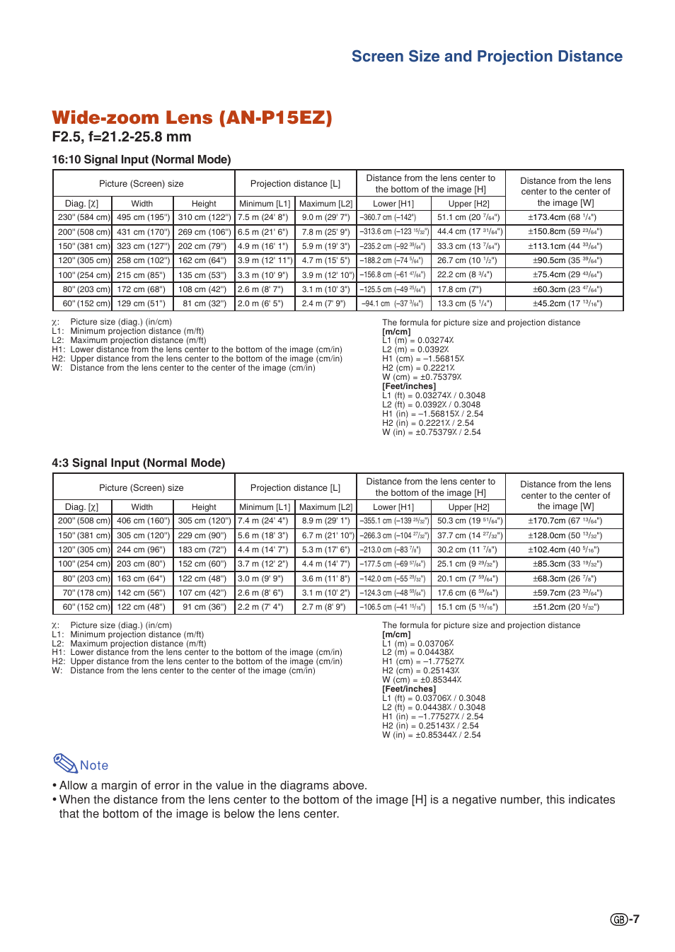Wide-zoom lens (an-p15ez), Screen size and projection distance, 10 signal input (normal mode) | 3 signal input (normal mode) | Sharp XG-P560W-N User Manual | Page 7 / 59