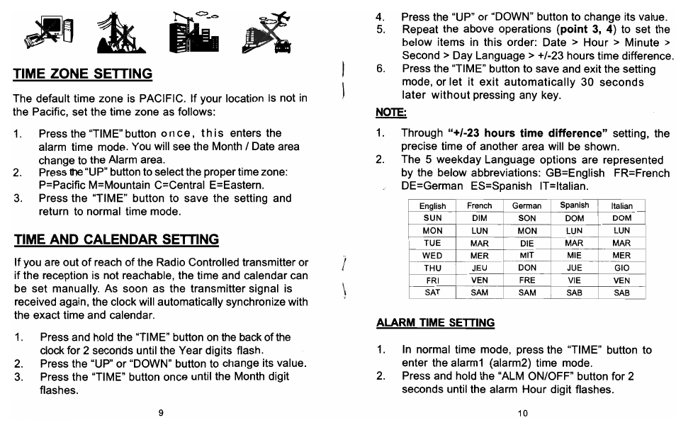 Time zone setting, Time and calendar setting | Sharp Atomic clock User Manual | Page 6 / 10