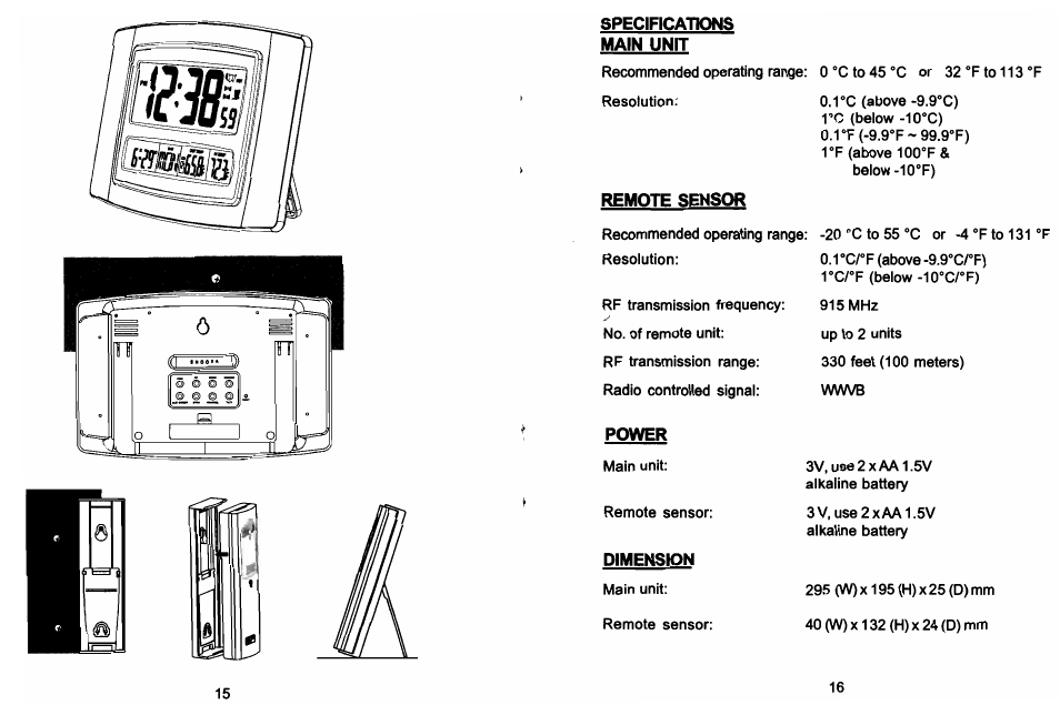 Specifications main unit, Remote sensor, Power | Dimension | Sharp Atomic clock User Manual | Page 9 / 10