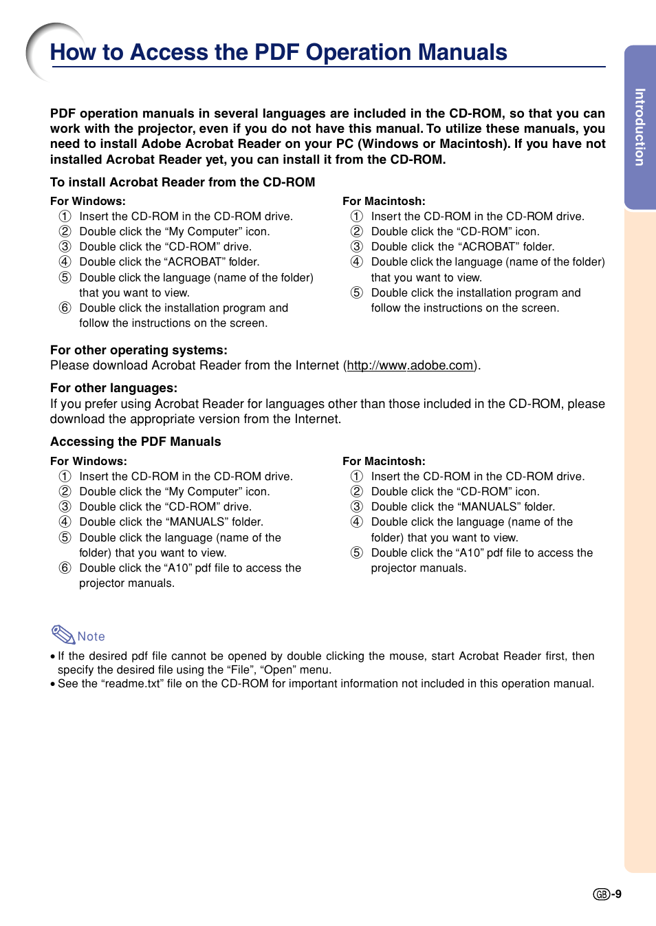 How to access the pdf operation manuals | Sharp Notevision PG-A10X User Manual | Page 13 / 74