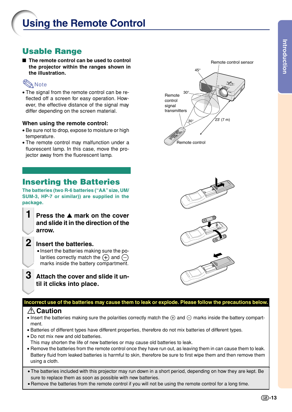 Using the remote control, Usable range, Inserting the batteries | Usable range inserting the batteries, Caution | Sharp Notevision PG-A10X User Manual | Page 17 / 74