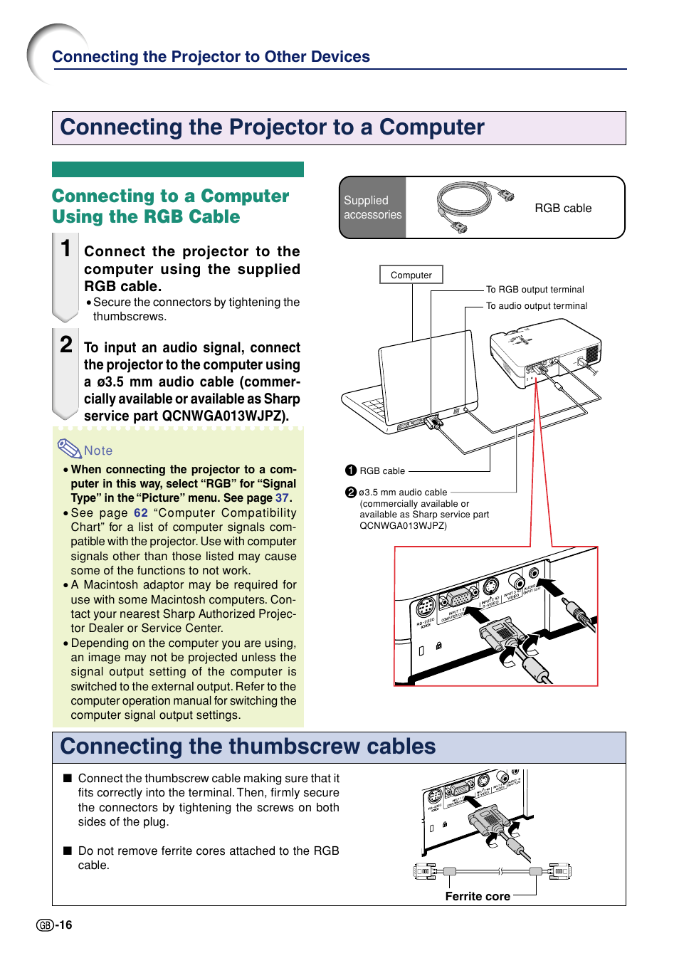 Connecting the projector to a computer, Connecting to a computer using the rgb cable, Connecting the projector to other devices | Sharp Notevision PG-A10X User Manual | Page 20 / 74