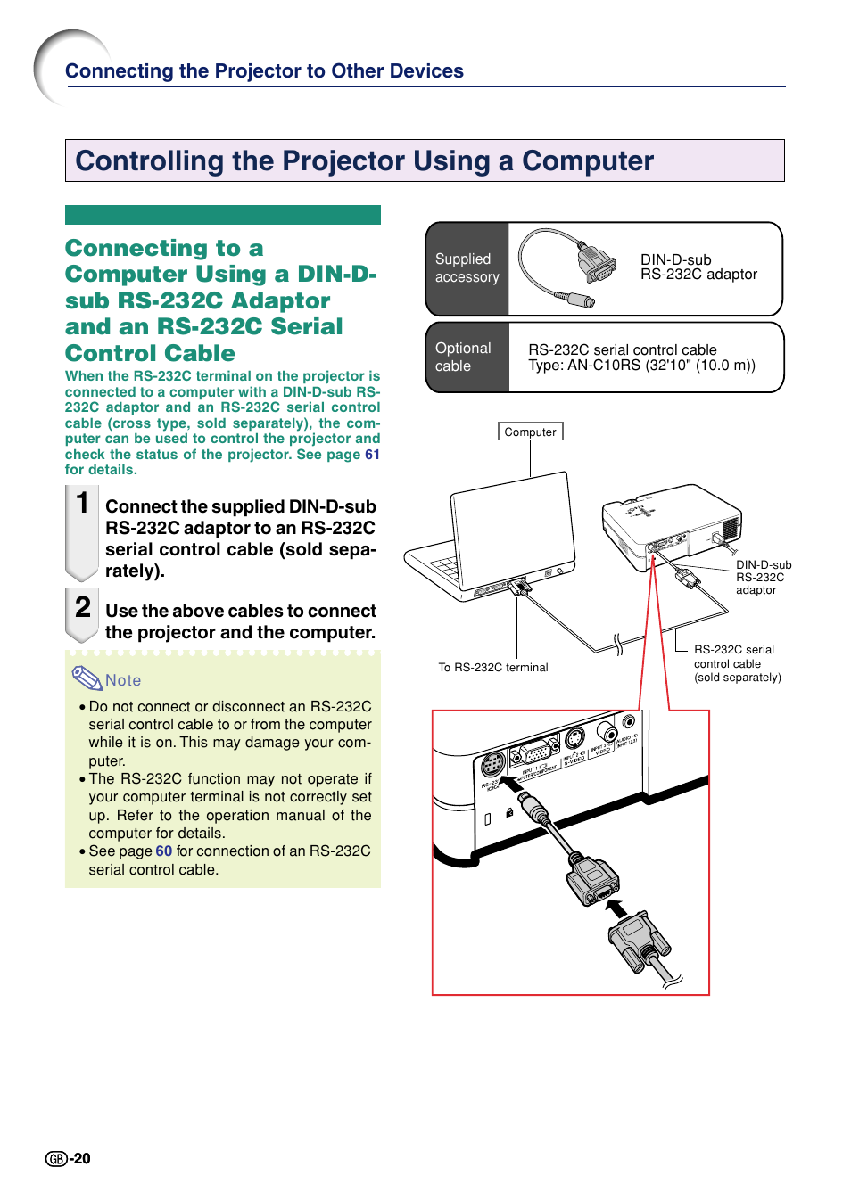 Controlling the projector using a computer, Connecting the projector to other devices | Sharp Notevision PG-A10X User Manual | Page 24 / 74