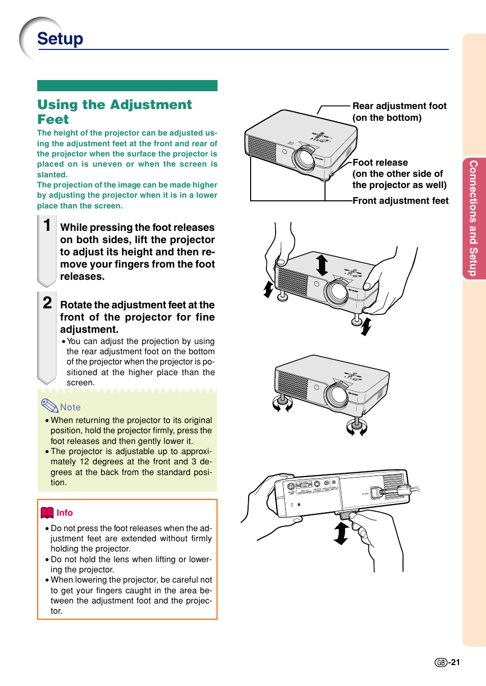 Setup, Using the adjustment feet | Sharp Notevision PG-A10X User Manual | Page 25 / 74