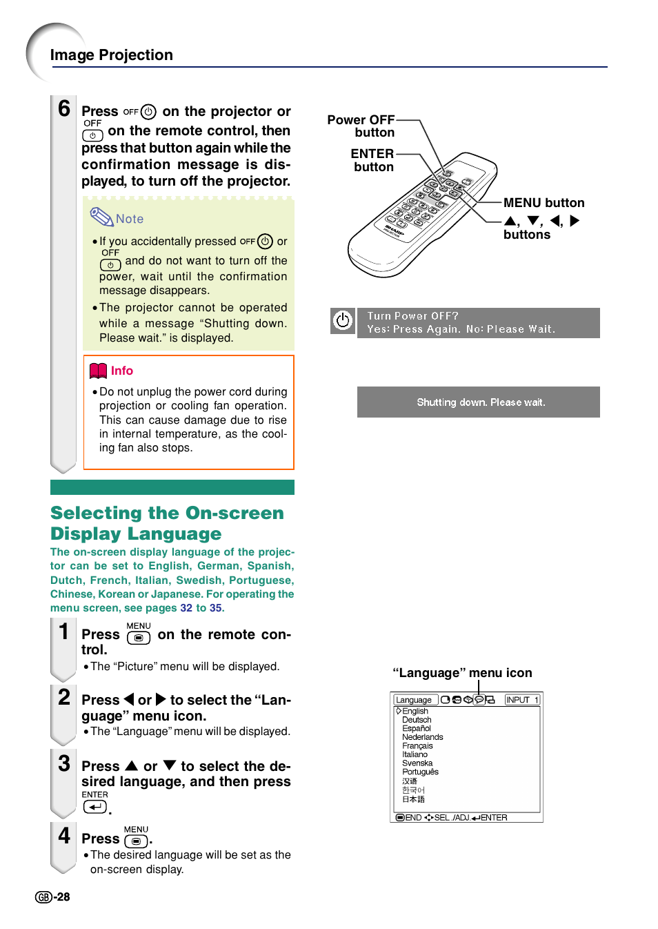 Selecting the on-screen display language | Sharp Notevision PG-A10X User Manual | Page 32 / 74