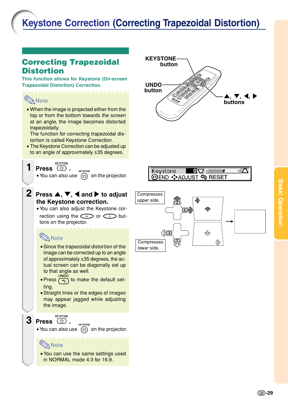 Keystone correction, Correcting trapezoidal distortion), Correcting trapezoidal distortion | Sharp Notevision PG-A10X User Manual | Page 33 / 74