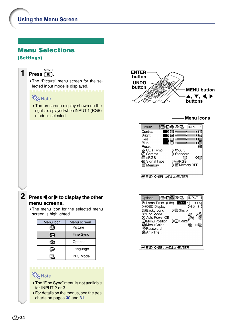 Menu selections (settings), Menu selections, Using the menu screen | Sharp Notevision PG-A10X User Manual | Page 38 / 74