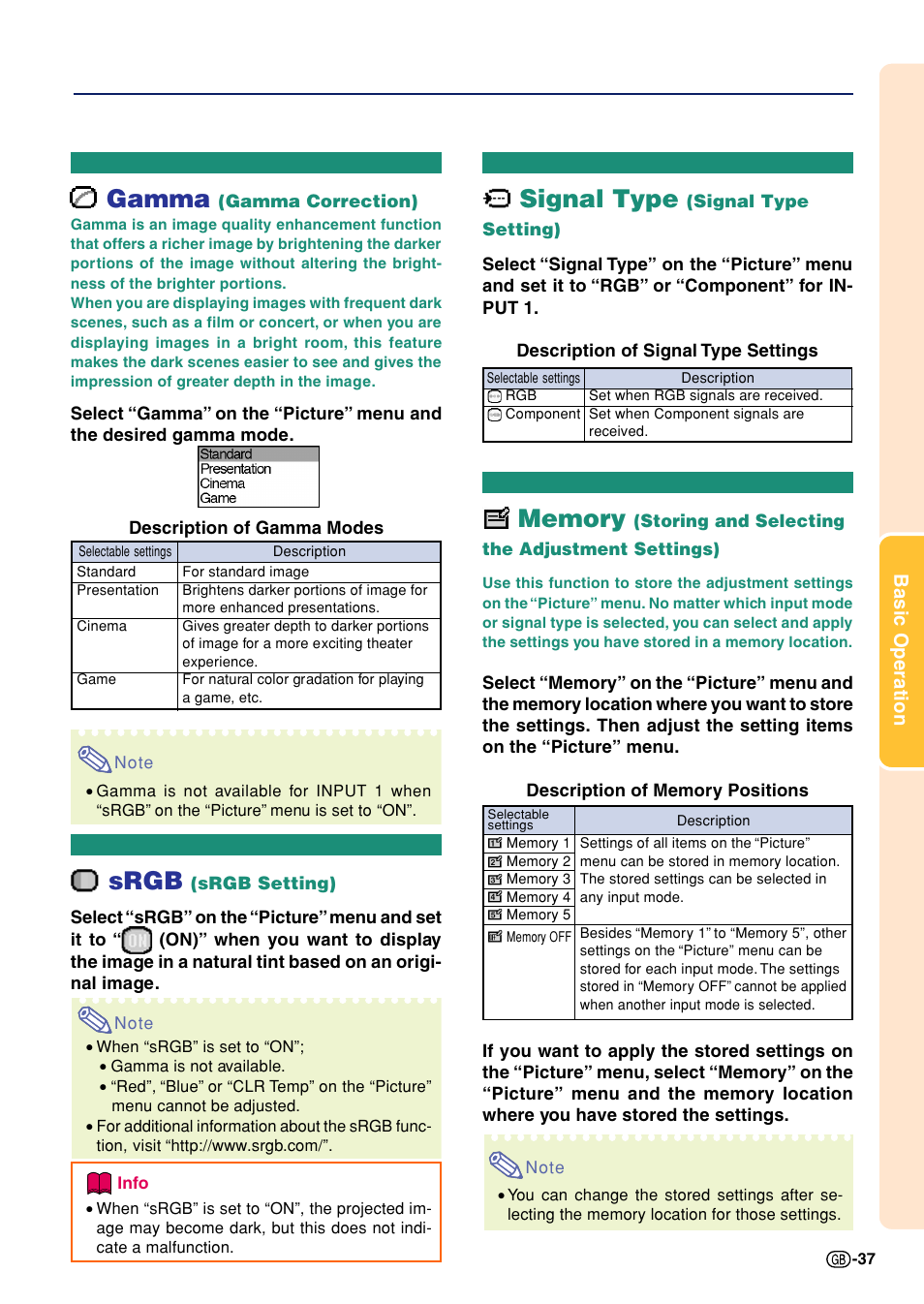Gamma (gamma correction), Srgb (srgb setting), Signal type (signal type setting) | Gamma, Srgb, Signal type | Sharp Notevision PG-A10X User Manual | Page 41 / 74