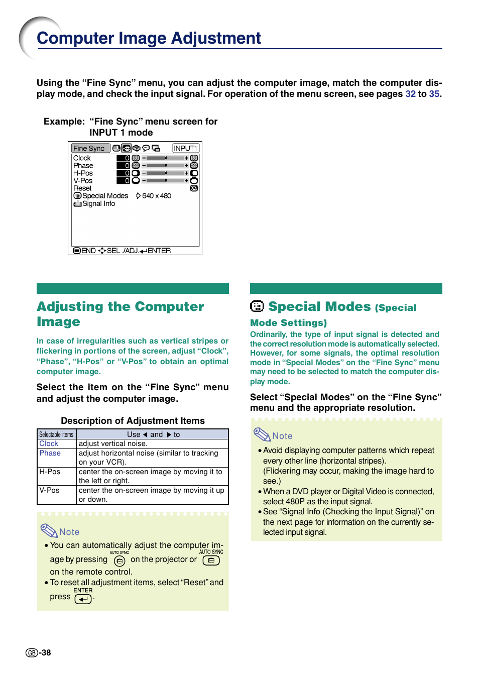 Computer image adjustment, Adjusting the computer image, Special modes (special mode settings) | Special modes | Sharp Notevision PG-A10X User Manual | Page 42 / 74