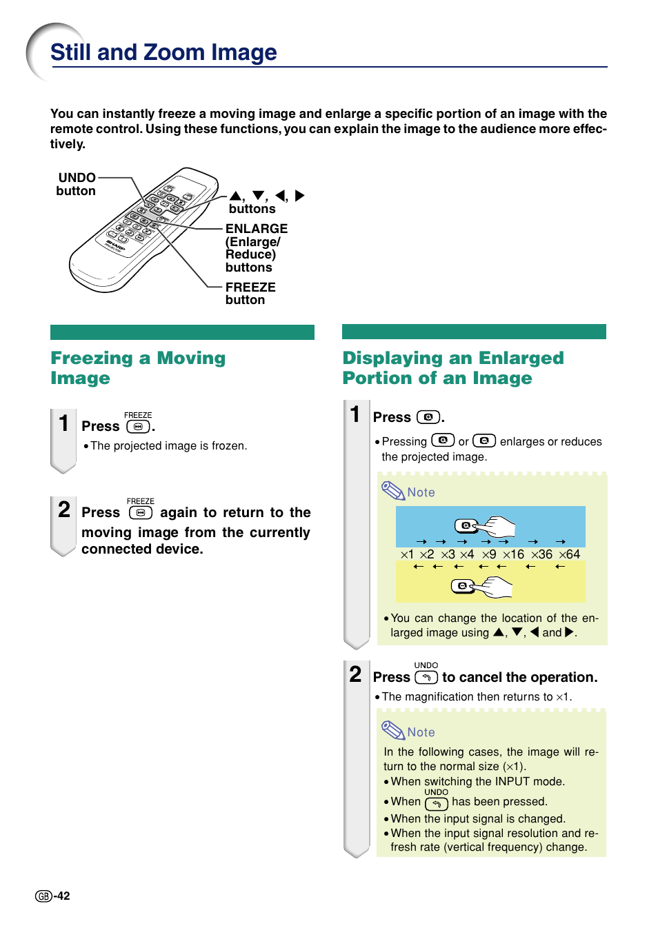 Still and zoom image, Freezing a moving image, Displaying an enlarged portion of an image | E/reduce) | Sharp Notevision PG-A10X User Manual | Page 46 / 74
