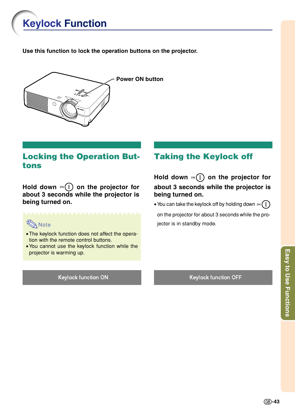 Keylock function, Locking the operation buttons, Taking the keylock off | Locking the operation but- tons | Sharp Notevision PG-A10X User Manual | Page 47 / 74