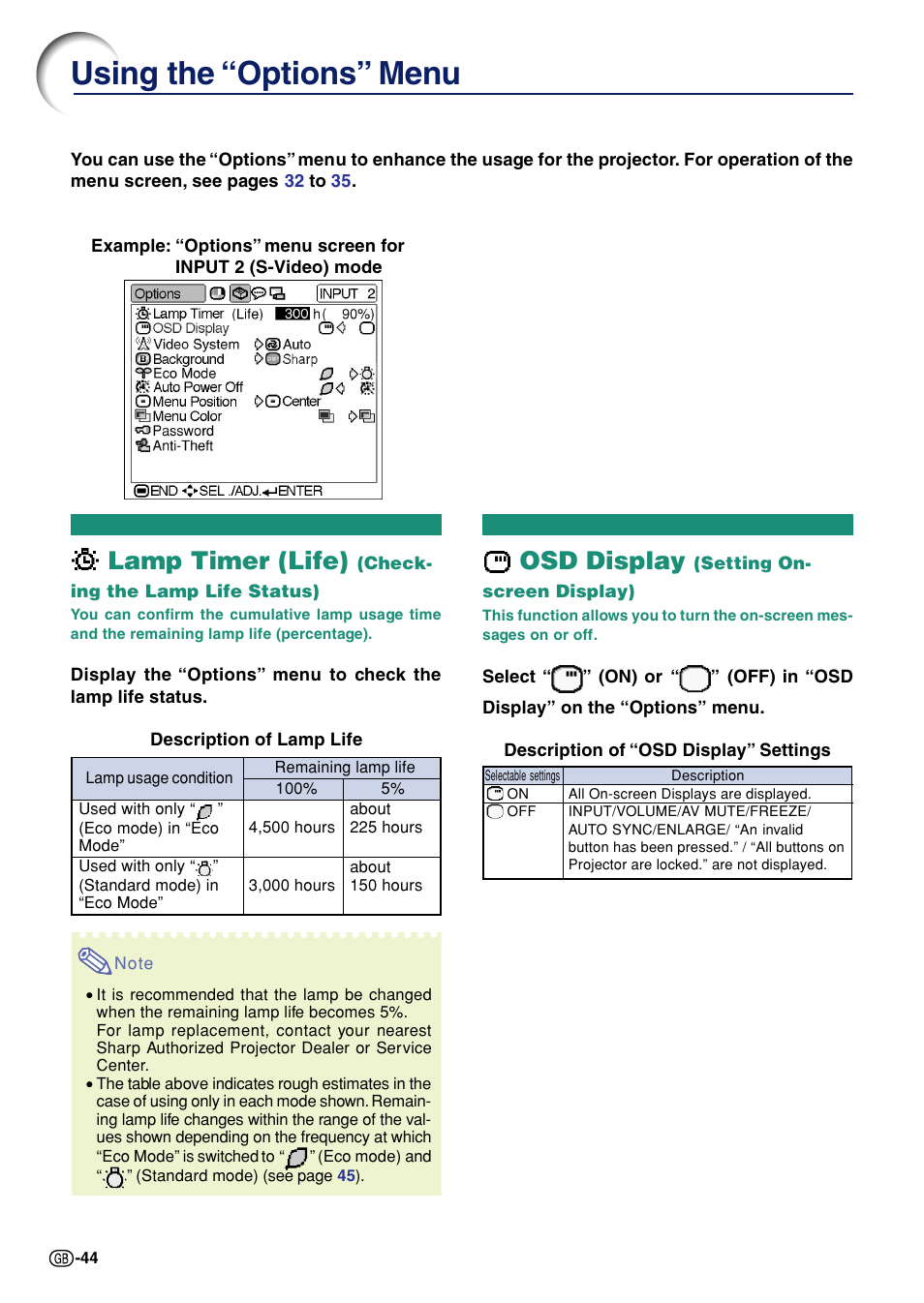 Using the “options” menu, Lamp timer (life) (checking the lamp life status), Osd display (setting on-screen display) | Lamp timer (life), Osd display | Sharp Notevision PG-A10X User Manual | Page 48 / 74