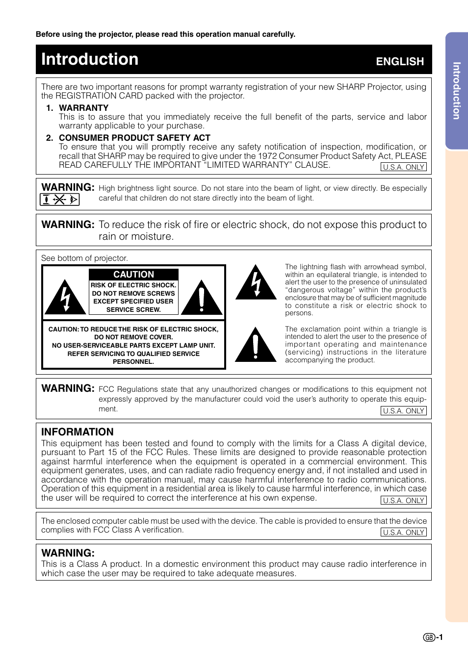 Introduction, Intr, Oduction | English, Warning, Information, Intr oduction | Sharp Notevision PG-A10X User Manual | Page 5 / 74