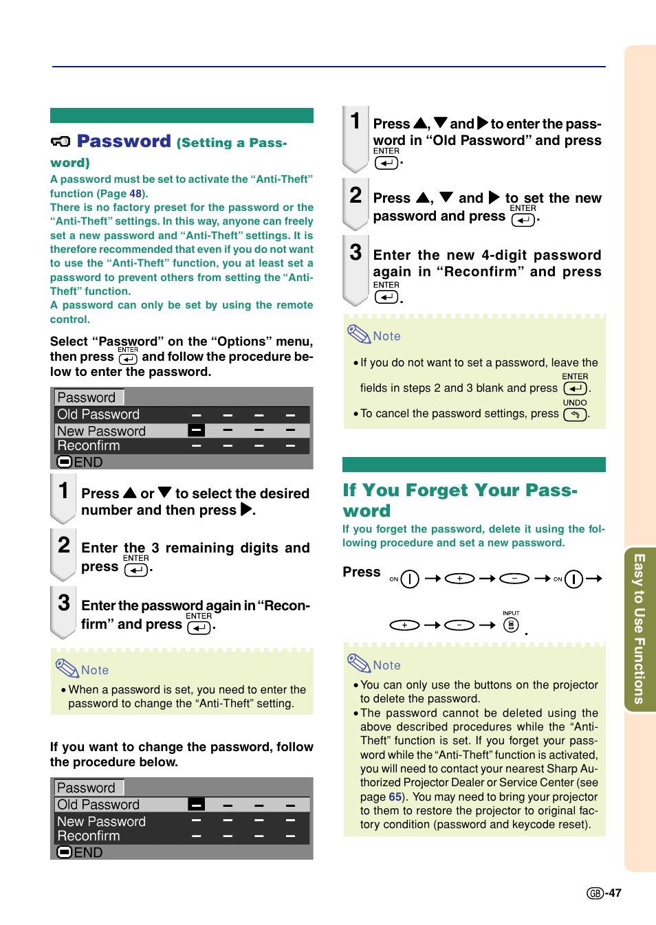 Password (setting a password), If you forget your password, Password | If you forget your pass- word | Sharp Notevision PG-A10X User Manual | Page 51 / 74
