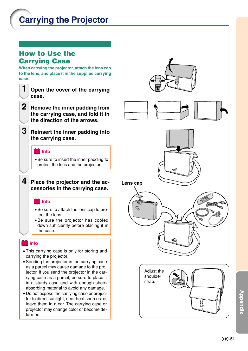 Appendix, Carrying the projector, How to use the carrying case | Sharp Notevision PG-A10X User Manual | Page 55 / 74