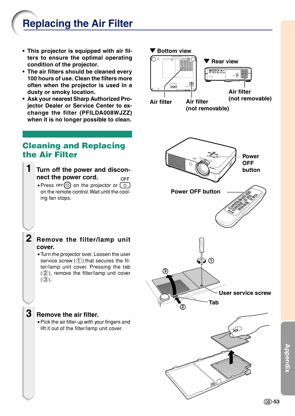 Replacing the air filter, Cleaning and replacing the air filter | Sharp Notevision PG-A10X User Manual | Page 57 / 74